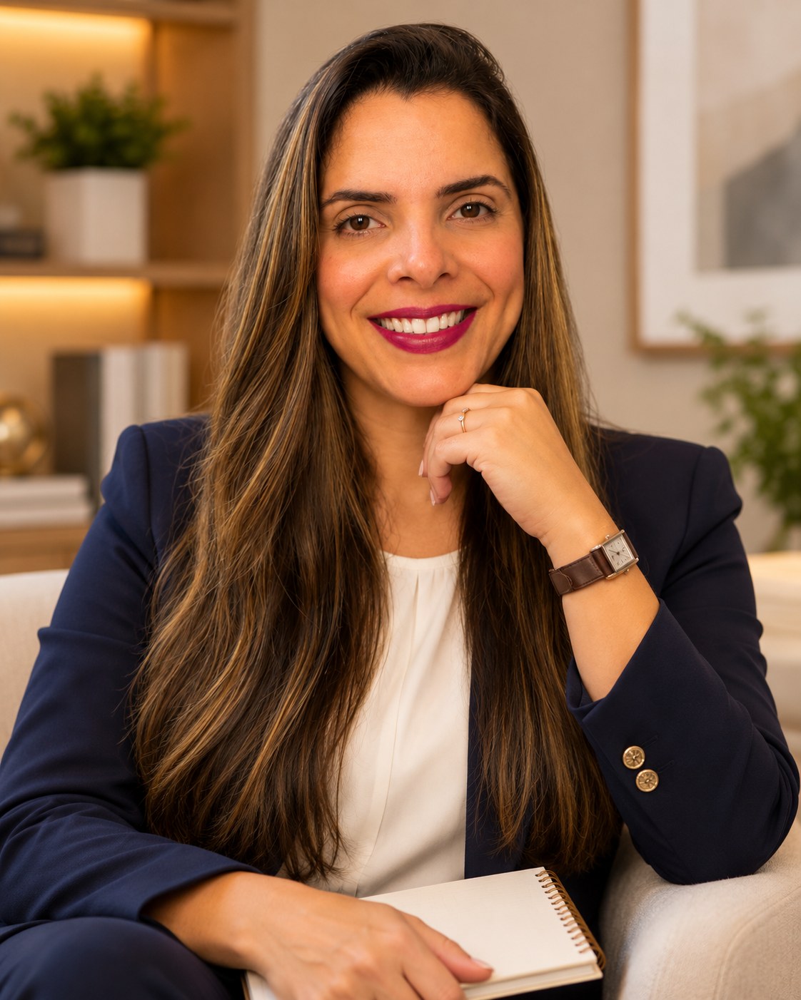 Bruna Proton sentada em uma poltrona clara, segurando um caderno aberto